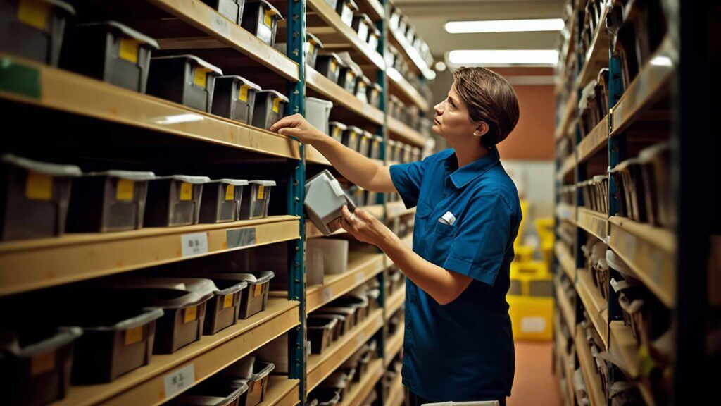Warehouse staff selecting items from shelves, demonstrating efficient pick pack and dispatch processes in order fulfilment.